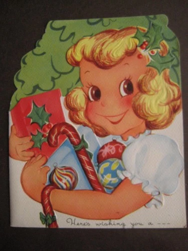 1940s vintage greeting card A-Meri-Card CHRISTMAS Girl w/ Gifts, Candy Canes etc