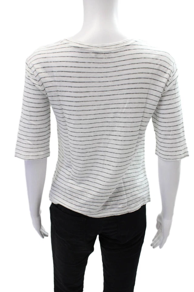 Camisa Vince feminina listrada de linho manga comprida branca preta tamanho médio - Imagem 3 de 4