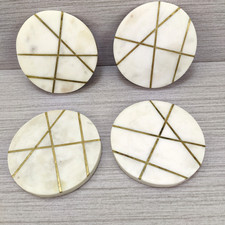 Marble White Coasters, 4" Wide, Set of 4  Gold Brass Inlay, Handcrafted,