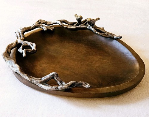 Large Wood Serving Tray Platter Bowl w Silver Pewter Branches Gold Birds Trim