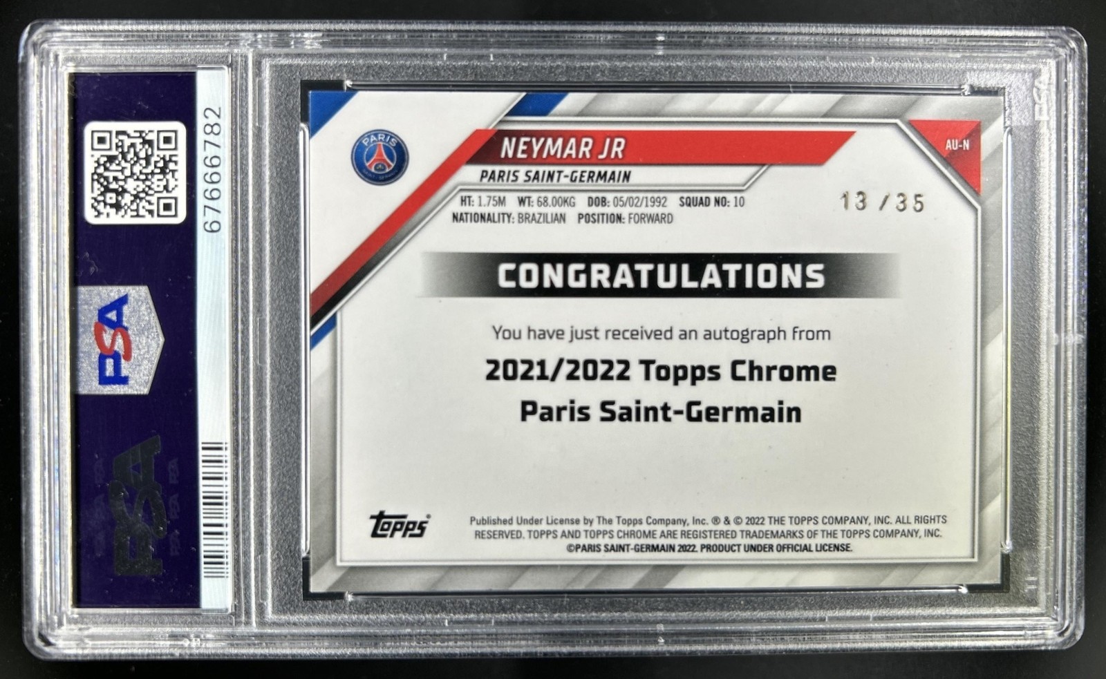 2021 Topps Chrome Paris Saint-Germain Neymar Jr Auto Speckle Refractor /30 PSA 9 view 2