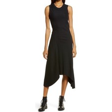 AllSaints Black Ribbed Knit Asymmetric Casual Midi Tank Dress Sleeveless US 4