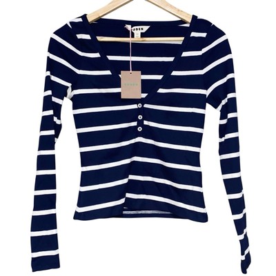 Boden Women s Nautical Navy Striped Ribbed Long Sleeve Henley NWT Size 2