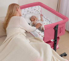 Baby Bassinet, Basinet Bedside Sleeper, Easy to Fold Portable Crib Pink W/FLAWS