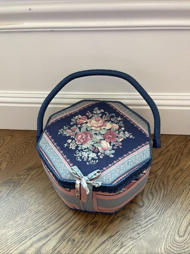 Vintage Octagon Fabric Sewing Basket W/notions