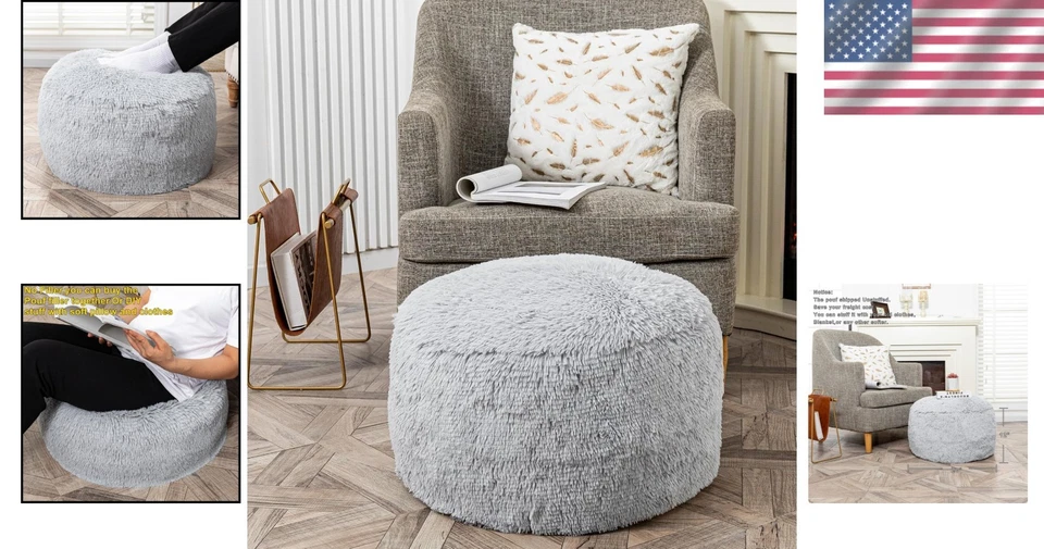 Cubierta de puf redonda gris claro en piel sintética - Reposapiés sin relleno, 20x20 pulgadas Foto 2 de 4