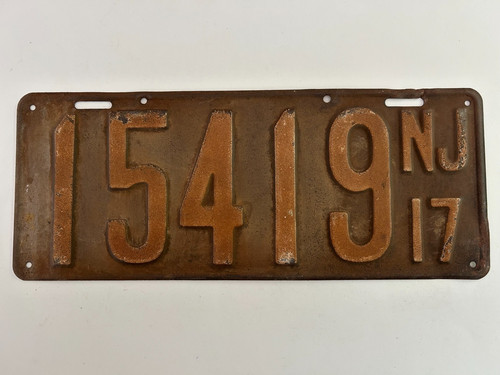 1917 New Jersey License Plate All Original Faded, But Should Clean Up