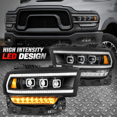 Black Start-up LED DRL Sequential Tri-Projector Headlights for 19-24 Ram Truck