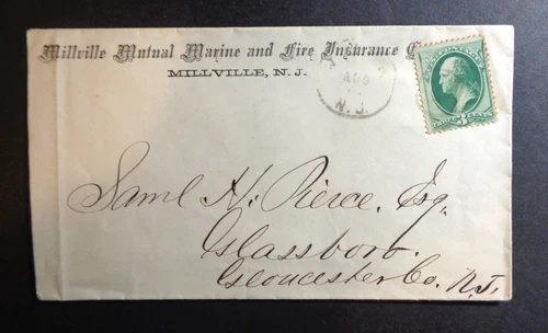 1871 MILLVILLE (NJ) MUTUAL MARINE & FIRE INSURANCE CO. COVER w/US STAMP Sc #158