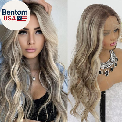 Ash Blonde Highlight Lace Front Wig 13x4 Glueless Wavy 24 Inch Ombre