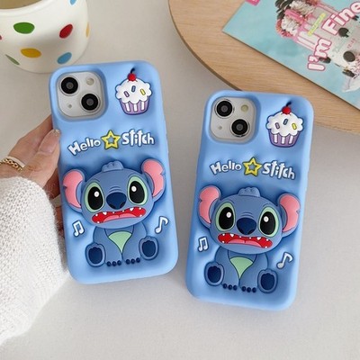 3D Cute Blue Alien with Stand Silicone Phone Case for iPhone 12-16 Pro Max