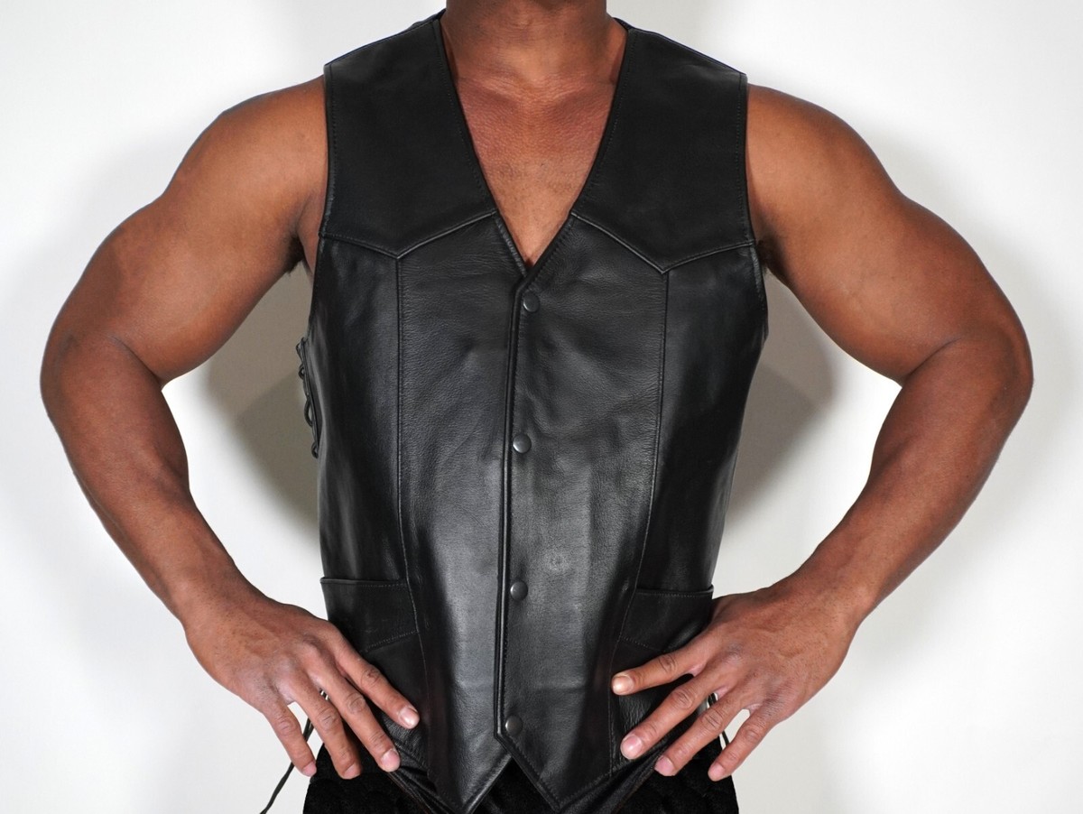 トップス Used Leather Vest BLACK LEATHER VEST WITH TIE SIDES SIZE MEN'S XL | eBay