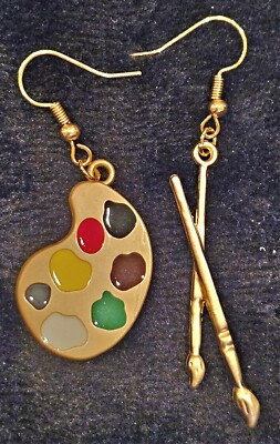 PAINT PALETTE & 2 BRUSHES EARRINGS PAINTERS PRIMARY COLORS 18K GOLD PLATED HOOKS