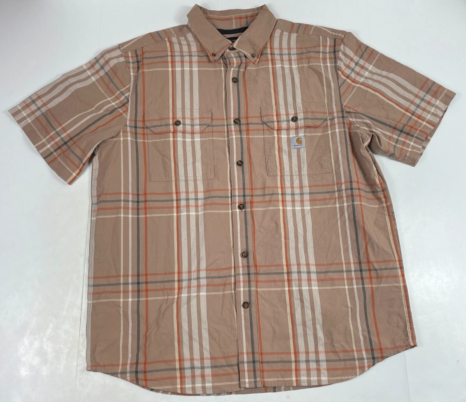 Carhartt Shirt Mens Large Orange Relaxed Short Sleeve Button Up Hiking Outdoors