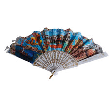 VENEZIA Italy Folding Hand Fan Gold Trim  Lace Fabric With Scenes of Venice