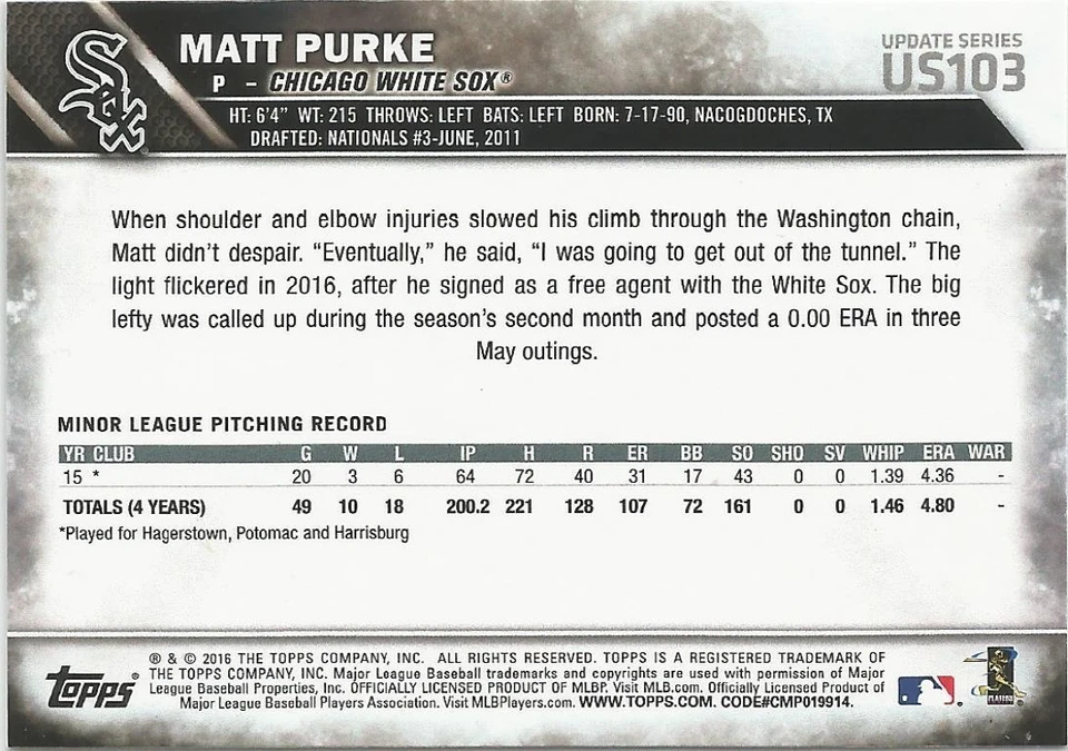 Matt Purke Chicago White Sox 2016 Topps Update Rookie Card  - Image 2 of 2