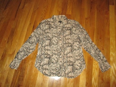 Talbots Brown Black Snake Reptile Print Roll Tab Sleeves Button Up Blouse 10