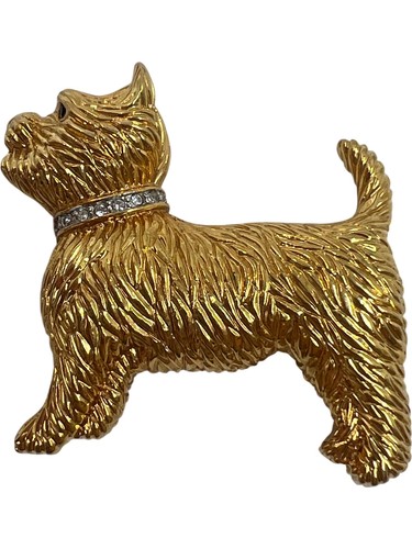 Gold Tone Dog Brooch with Rhinestone Collar Decorative Pin T2247 LTJ02