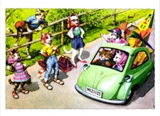 Oversized Postcard Dressed Cats Driving Car