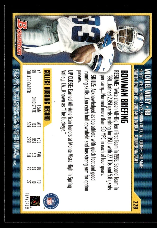 2000 Bowman Michael Wiley Rookie Dallas Cowboys #228 - Image 2 of 2