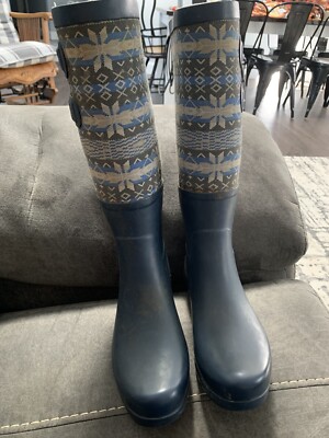 UGG Australia Sabene Rubber Blue plaid Tall Rain Boots Size
