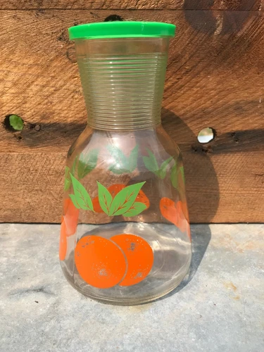 Vintage Anchor Hocking Orange Juice Pitcher Carafe w/ Green Lid