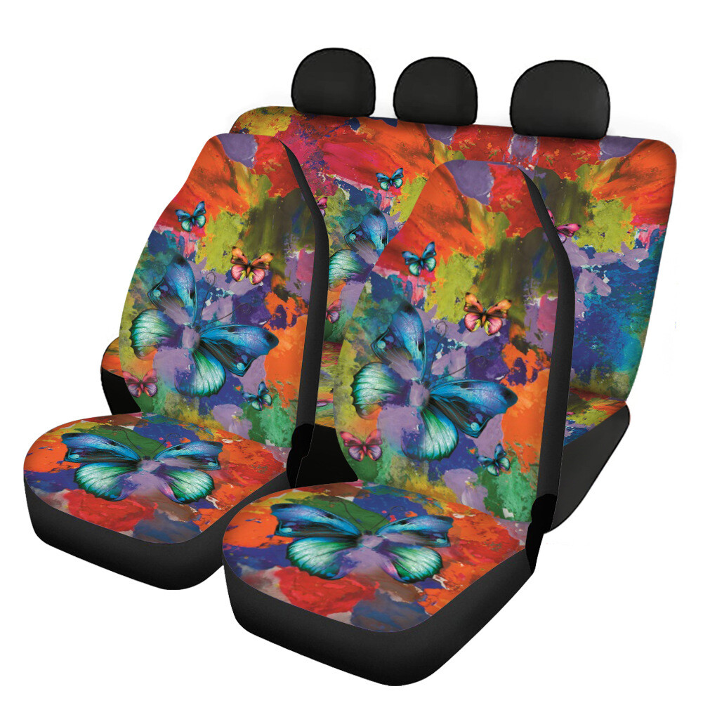 Colorful Butterfly Printing Universal Front Rear Car Seat Cover Auto 4 Pack Set