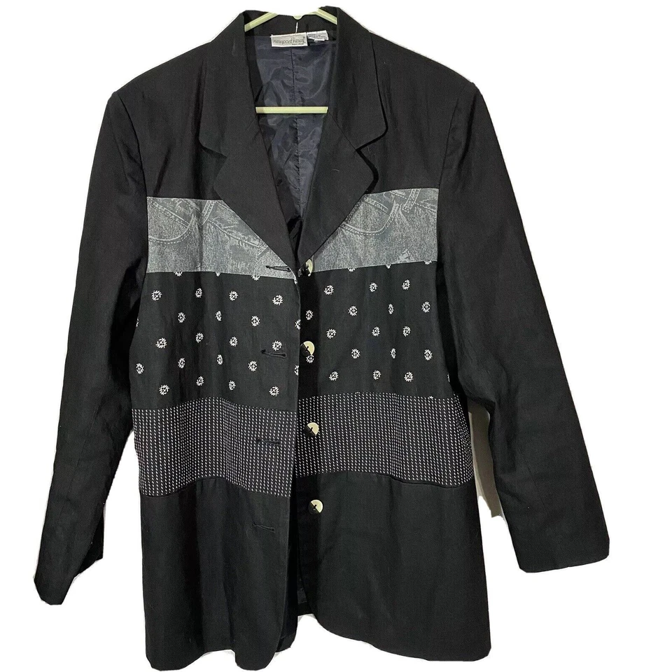 Blazer Newport News para mujer talla 12 negro con patrones mezcla de lino vintage años 90’s Foto 2 de 4