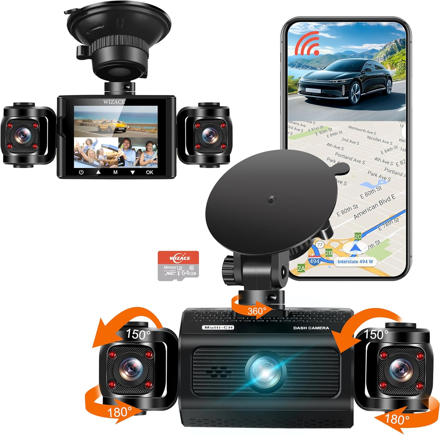 3-Channel Wifi Dash Cam with 64GB Card and 360° Front Inside Coverage