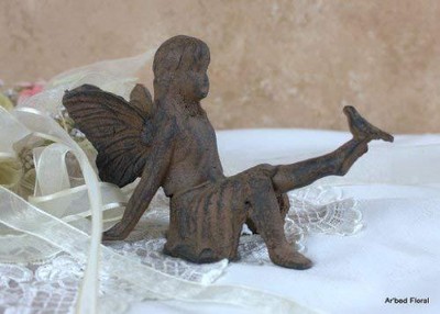 Upper Deck Cast Iron Siting Angel with Bird Garden Fairy Statue- 3.5'' By 6'' By