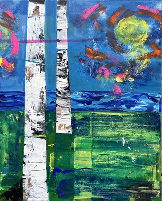 Birch trees original painting MBollen sunset lake grass nature art