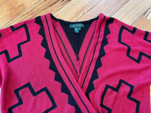 Suéter envolvente Lauren Ralph Lauren para mujer mediano rojo/negro 100 % lino boho azteca - Imagen 3 de 13