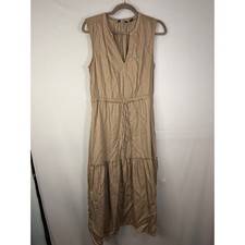 Lands' End Sleeveless Midi Dress Small Tan Lyocell Tiered Ruffle Hem V-Neck