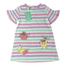 Image of Summer Dress Holiday Monsoon Pastel Striped Fruit Embroidery 12-18 Months BNWT