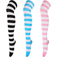 Womens Thigh High Socks Cotton Striped Over the Knee Socks Long Knee High Sto...