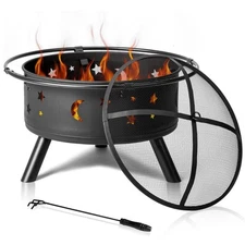 30" Outdoor Wood Burning Metal Fire Pit with Spark Screen, Fire Poker for Patio
