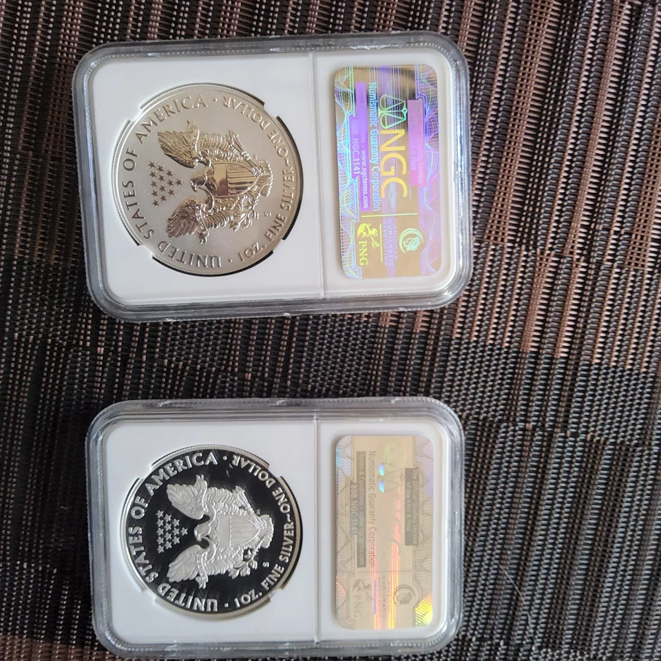 Juego de 2 monedas S 2012 prueba inversa Silver Eagle NGC PF70 y PF70 ER San Francisco Foto 2 de 2