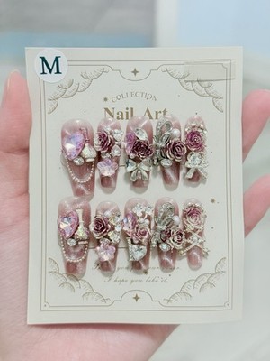 10pcs Handmade Rose Fake Nail Press On/Glue On Nails Size M(Read Description)