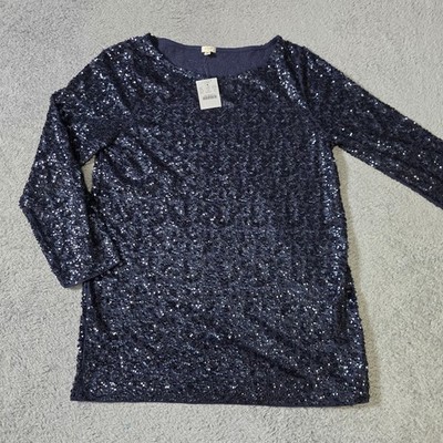 J.Crew Factory Womens M Sequin Top Navy Blue Long Sleeve Boat Neck 53161