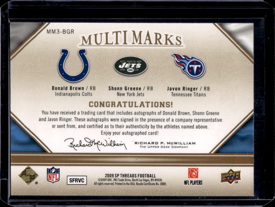 2009 SP Threads Donald Brown Shonn Greene Javon Ringer Multi Marks Auto /50 - Image 2 of 2