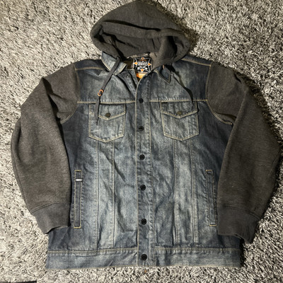 DRAVUS Drawstring Tie Snap Button Blue Denim Gray Hooded Jean