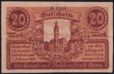 Germany Gera 20 Mark 1918 Vintage WWI Old Emergency Paper Money Banknote VF