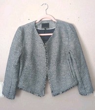 BANANA REPUBLIC Tweed Jacket Cropped Fringe Blue/Ivory Size Women's 8