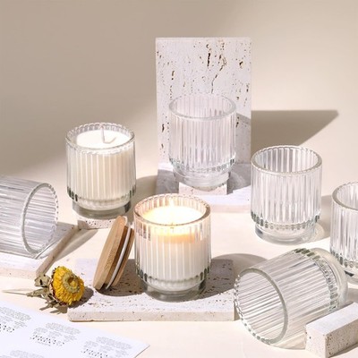 DEVI 7oz Clear Ribbed Glass Candle Jars for Candle Making - Set of 8 with Lids