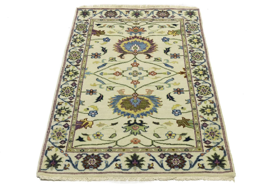 Handmade Cream Floral Design Oushak Chobi Rug 3X5 ft Small Size Oriental Carpet - Image 2 of 4