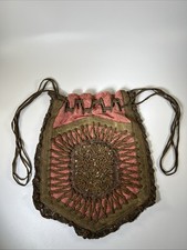 Antique Victorian Purse Tapestry Pink Drawstring Embroidered Metallic Thread