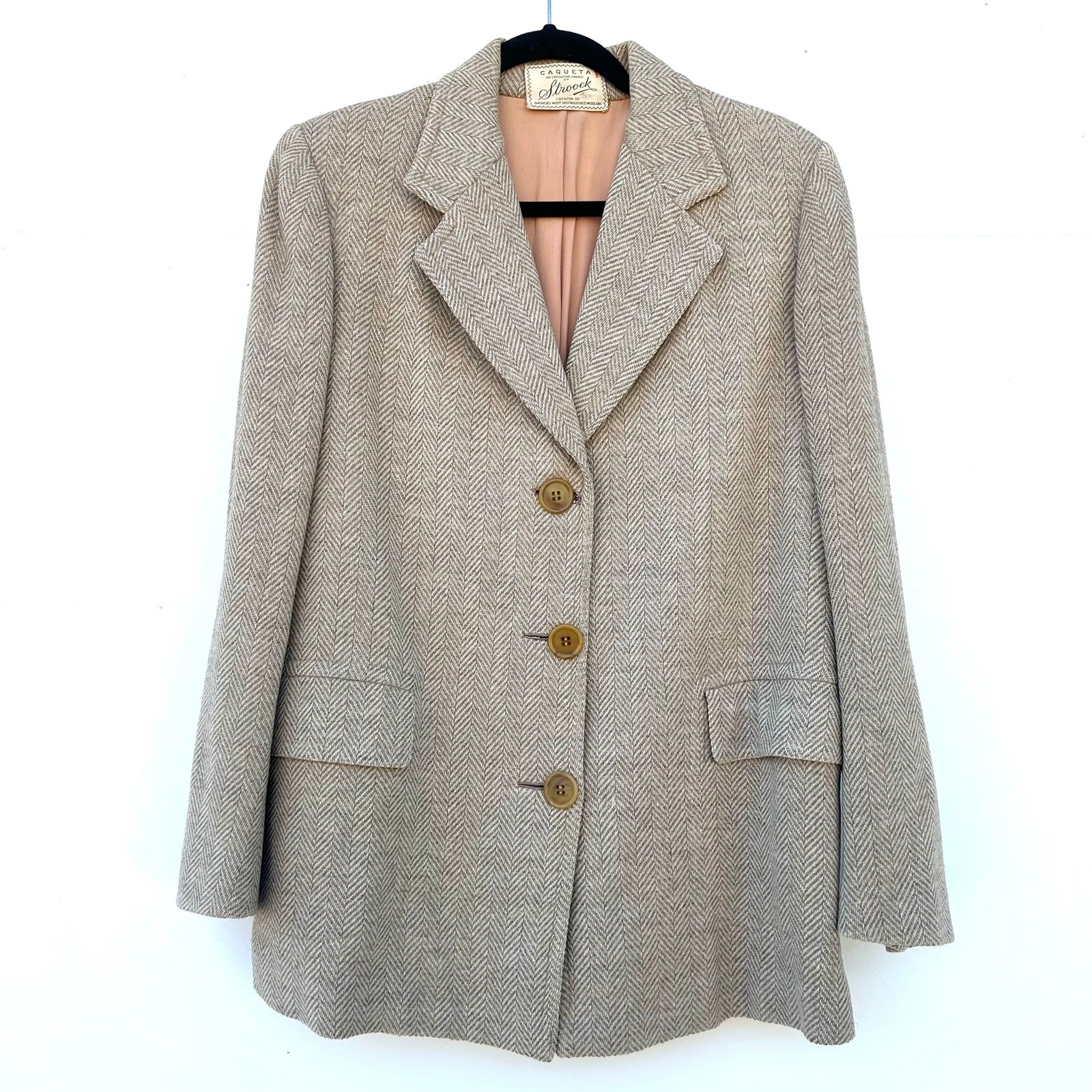 Vintage Women’s Caqueta Stroock Wool Herringbone Blazer Beige Jacket Large