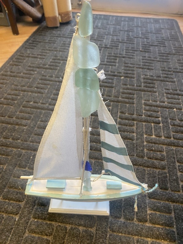 Sailboat Sculpture Wood Sea Glass and Canvas Nautical Decor