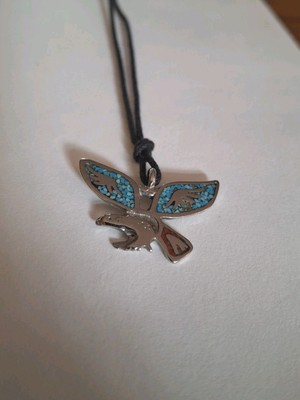 Vintage Native American Silver & Crushed Turquoise Eagle Pendant Necklace