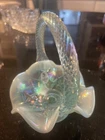 Vintage Fenton Art Glass Blue Opalescent Hobnail Mini Basket 4.75” Tall